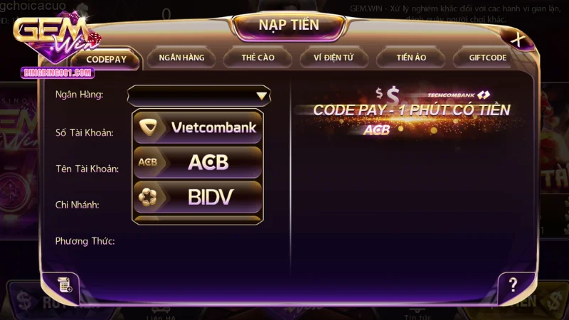 Tiến hành nạp tiền để tham gia quay hũ săn thưởng tại gemwin